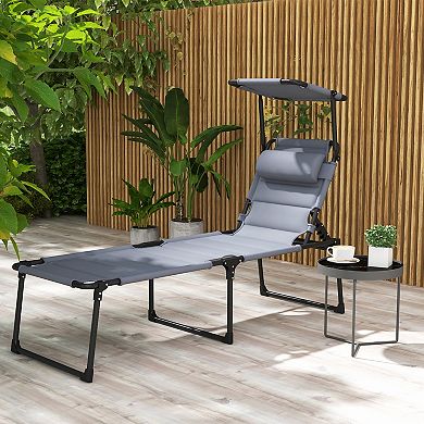 Adjustable Folding Chaise Lounge With Sun Roof For Outdoor, Gray