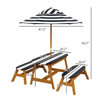 Outsunny Kids Picnic Table Set W/ Removable Umbrella For 4 Age 3-8 Years