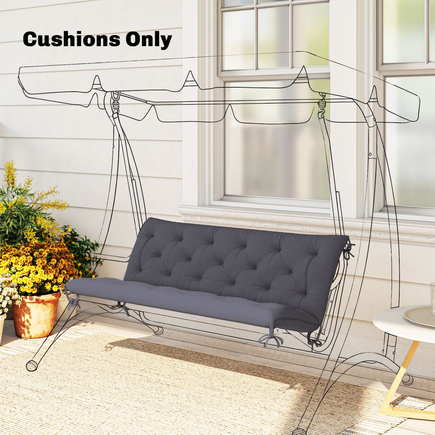 Outdoor bench swing cushions on a porch with frame outlines