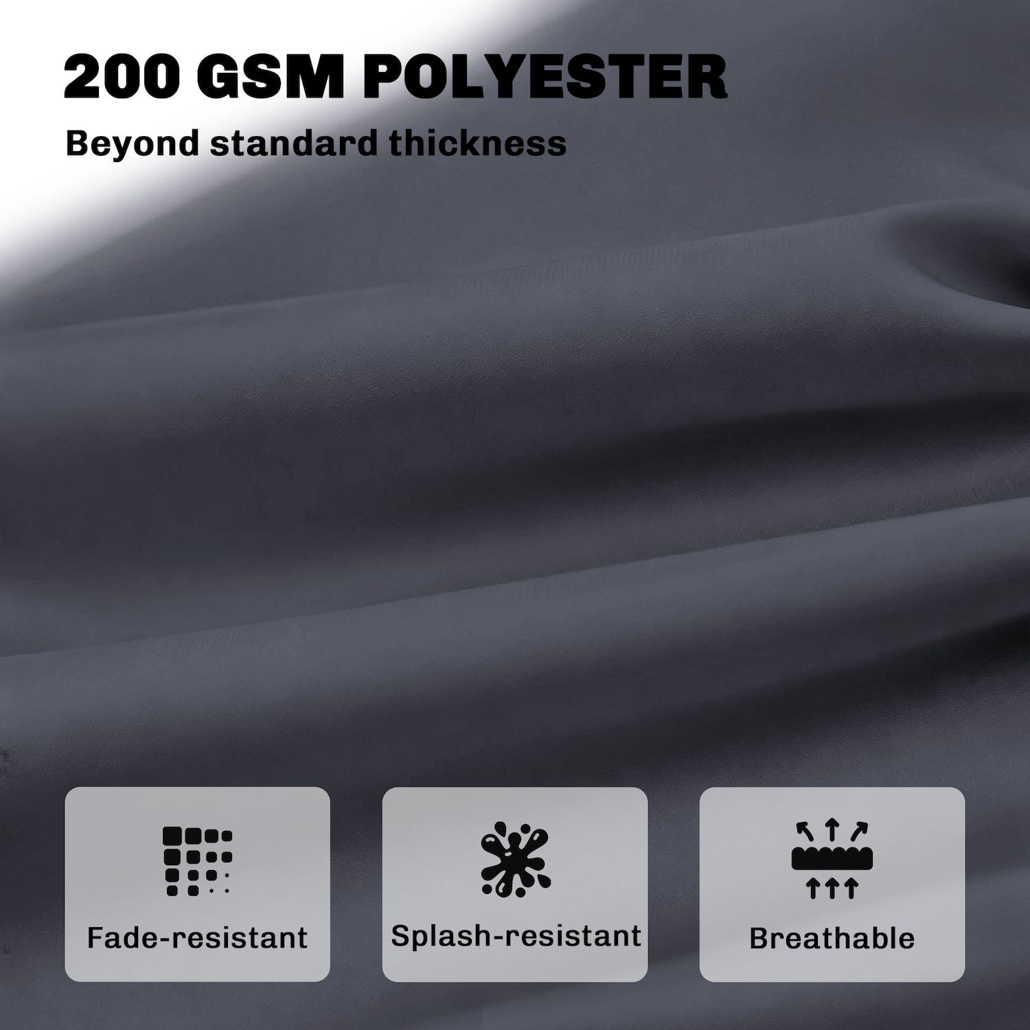 Close-up of fabric showing 200 GSM polyester, fade/splash/breathable features