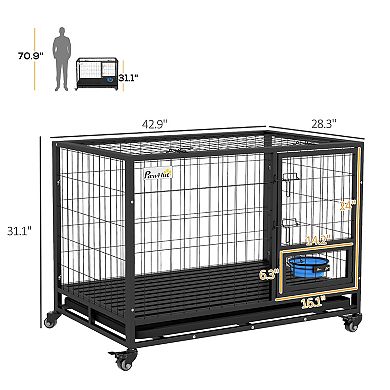 Pawhut 43" Dog Crate With Bowl Holder, Wheels For Large/xl Dogs, Black
