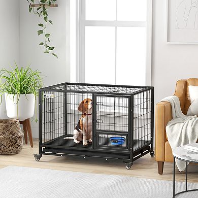 Pawhut 43" Dog Crate With Bowl Holder, Wheels For Large/xl Dogs, Black