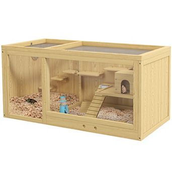 Pawhut Extra Large Wooden Hamster Cage With Pull-out Tray, Seesaws, Ladder