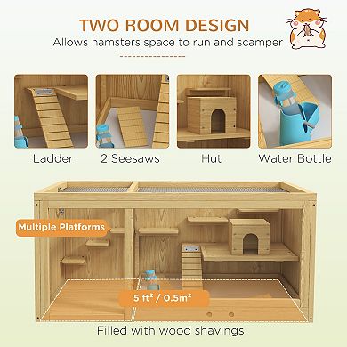 Pawhut Extra Large Wooden Hamster Cage With Pull-out Tray, Seesaws, Ladder