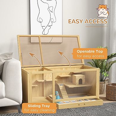 Pawhut Extra Large Wooden Hamster Cage With Pull-out Tray, Seesaws, Ladder
