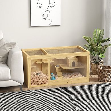 Pawhut Extra Large Wooden Hamster Cage With Pull-out Tray, Seesaws, Ladder