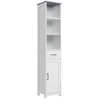Tall Bathroom Storage Cabinet, Freestanding Linen Tower Slim Organizer, White