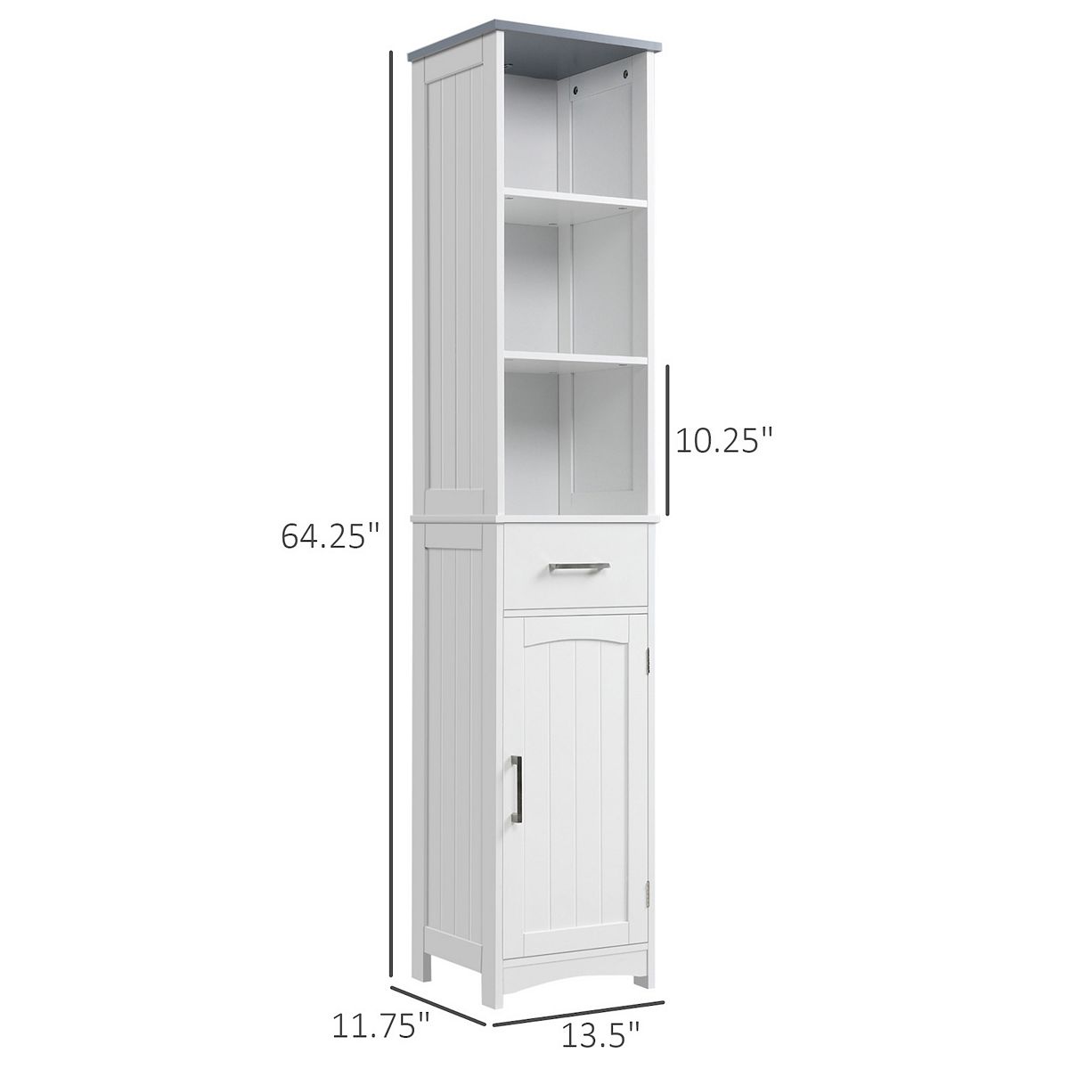 White tall bathroom storage cabinet with dimensions shown