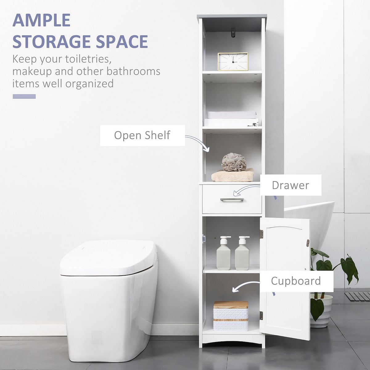 White tall storage cabinet showing open shelf, drawer, and cupboard compartments