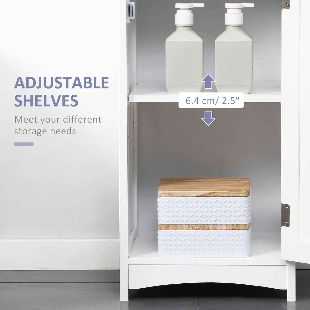 Interior view of white cabinet with adjustable shelves and measurement callout