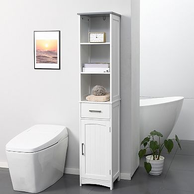 Tall Bathroom Storage Cabinet, Freestanding Linen Tower Slim Organizer, White