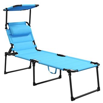 Adjustable Folding Chaise Lounge With Sun Roof For Outdoor, Light Blue