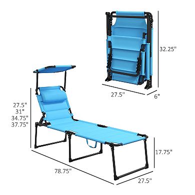 Adjustable Folding Chaise Lounge With Sun Roof For Outdoor, Light Blue