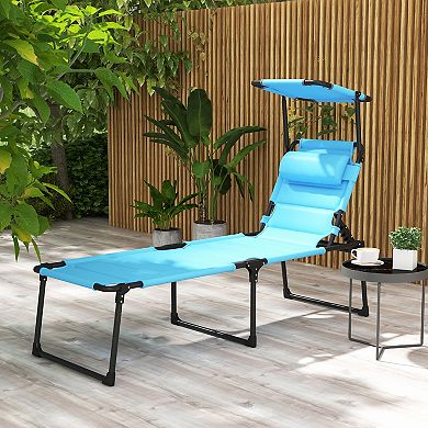 Adjustable Folding Chaise Lounge With Sun Roof For Outdoor, Light Blue