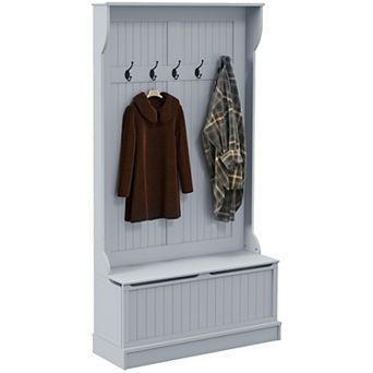 Wooden Hallway Coat Rack With Five Steel Hooks And Hinge Storage Sitting Area