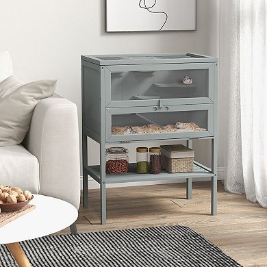 3-tier Wooden Hamster Habitat Play Cage For Small Animals W/ Platforms, Gray