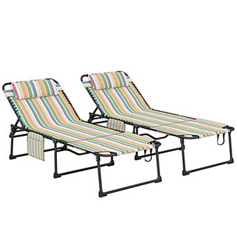 Outsunny 2 pc Folding Chaise Lounge, Reclining Tanning Chairs, Striped