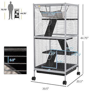 Large Rolling Metal Small Animal Cage With Hammock & 4 Doors, Removable Tray
