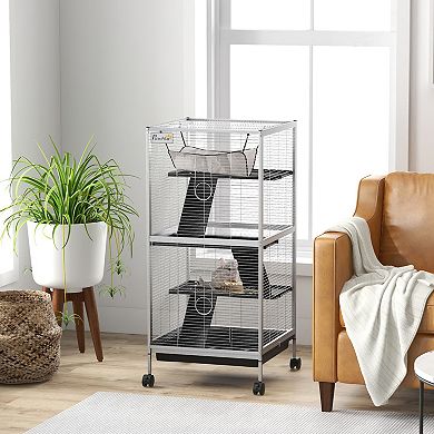 Large Rolling Metal Small Animal Cage With Hammock & 4 Doors, Removable Tray