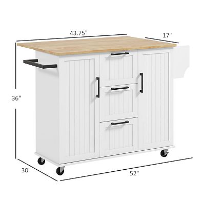 Homcom Kitchen Island On Wheels, Kitchen Cart With Drop Leaf, 3 Drawers
