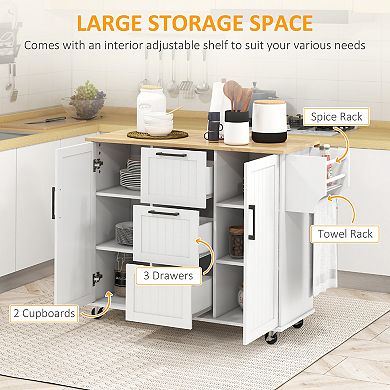 Homcom Kitchen Island On Wheels, Kitchen Cart With Drop Leaf, 3 Drawers