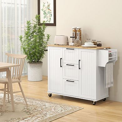Homcom Kitchen Island On Wheels, Kitchen Cart With Drop Leaf, 3 Drawers