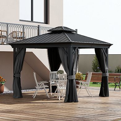 10' X 10' Patio Gazebo, Mesh Curtains, Double Vented Steel Roof, Light Gray