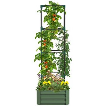 Galvanised Raised Garden Bed With Tomato Cage, Open Bottom, Green