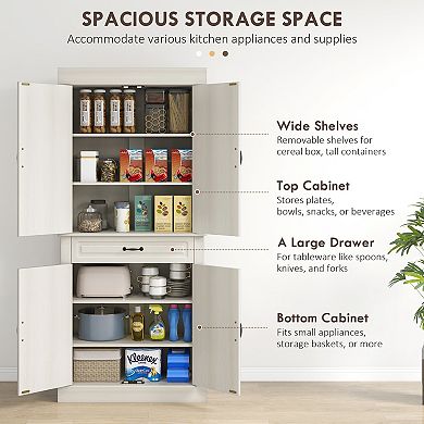 HOMCOM 71inch Kitchen Pantry Storage Cabinet with 4 Doors, Drawer, White