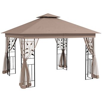 10' X 11.5' Outdoor Patio Gazebo Canopy Steel Frame W/ Mesh Sidewalls, Brown