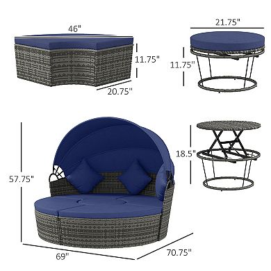 Outdoor Convertible Daybed, 4pc Furniture Set, Sofa, Tea Table, Chairs, Blue