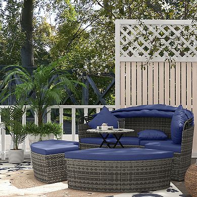Outdoor Convertible Daybed, 4pc Furniture Set, Sofa, Tea Table, Chairs, Blue