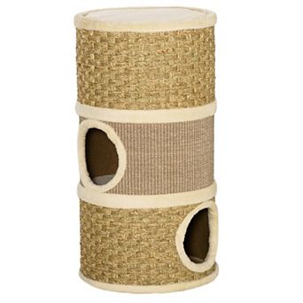 28 Inch Cat Condo, Barrel Shaped Small Cat Tree For Indoor Cats, Khaki And Brown