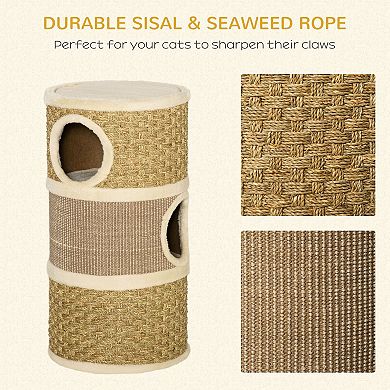 28 Inch Cat Condo, Barrel Shaped Small Cat Tree For Indoor Cats, Khaki And Brown