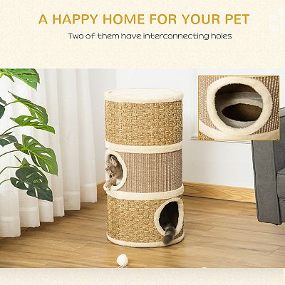 PawHut 28 inch Cat Condo 3 Story Cat Hideaway with Sisal Scratching Pad Barrel Shaped Small Cat Tree for Indoor Cats Khaki and Brown