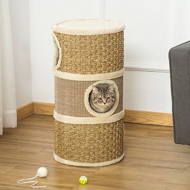 28 Inch Cat Condo, Barrel Shaped Small Cat Tree For Indoor Cats, Khaki And Brown