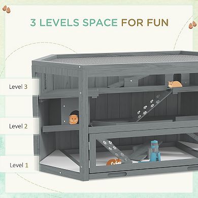 Pawhut Wooden Hamster Cage 3 Tier With Tray, Seesaws, Water Bottle, Gray