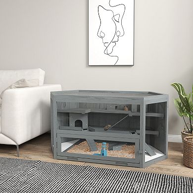 Pawhut Wooden Hamster Cage 3 Tier With Tray, Seesaws, Water Bottle, Gray