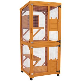 PawHut Large Cat House for 1-3 Cats on Wheels Wooden Catio Enclosure