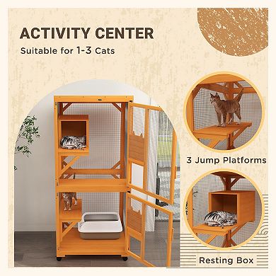 Pawhut Large Cat House For 1-3 Cats On Wheels Wooden Catio Enclosure Orange