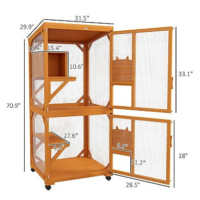 Pawhut Large Cat House For 1-3 Cats On Wheels Wooden Catio Enclosure Orange