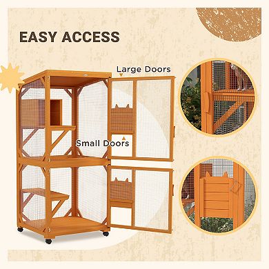 Pawhut Large Cat House For 1-3 Cats On Wheels Wooden Catio Enclosure Orange