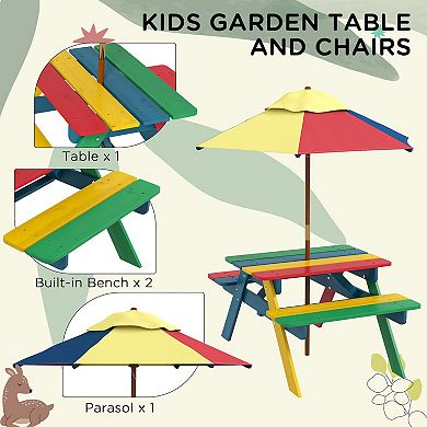 Outsunny Kids Picnic Table Set With Parasol, Seating For 3-6 Years Old