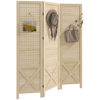 HOMCOM 4.7ft 3 Panel Room Divider with Pegboard Display for Indoor