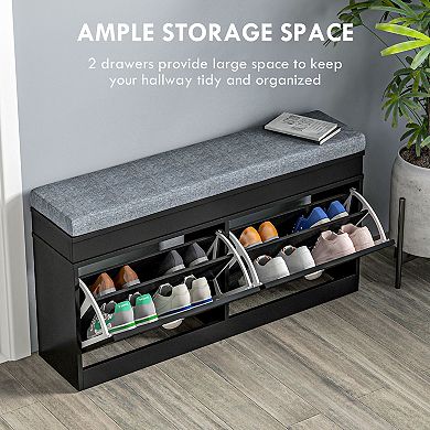 41" Entryway Shoe Rack Bench Storage Organizer Ottoman W/ 2 Drawers, Cushion
