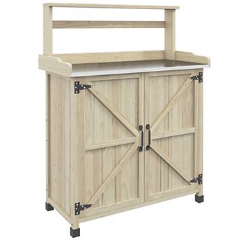 Potting Bench With Storage Cabinet, Shelf For Backyard, Natural