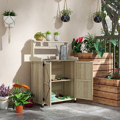 Potting Bench With Storage Cabinet, Shelf For Backyard, Natural