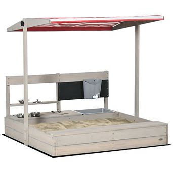 Outsunny Kids Wooden Sandbox With Canopy, Kitchen Toys, Seat, For Outdoor