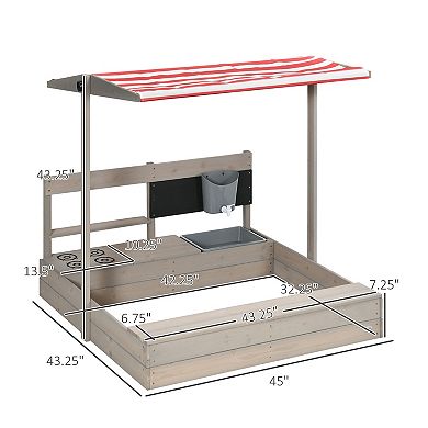 Outsunny Kids Wooden Sandbox With Canopy, Kitchen Toys, Seat, For Outdoor