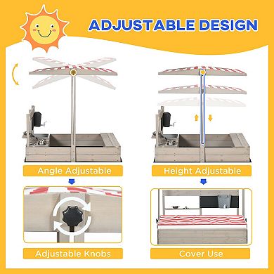 Outsunny Kids Wooden Sandbox With Canopy, Kitchen Toys, Seat, For Outdoor
